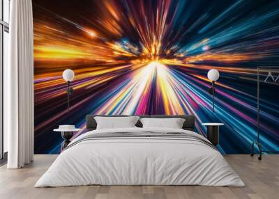 A futuristic abstract image with bright streaks of light in vibrant colors converging into the center creating a sense of motion speed and energy in vivid tones
 Wall mural