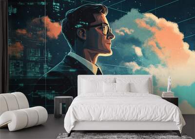 A man in a suit standing in a futuristic city with digital overlays and a mix of technology and corporate themes in the background Wall mural