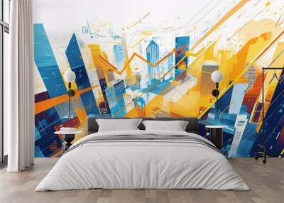 abstract illustration of a city with financial data graphs and vibrant colors representing market trends and growth Wall mural