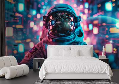 Astronaut with reflective helmet visor in neon lit environment Wall mural