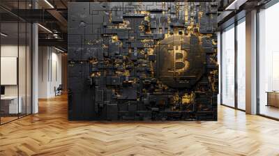 Bitcoin token embossed on textured black and gold background Wall mural