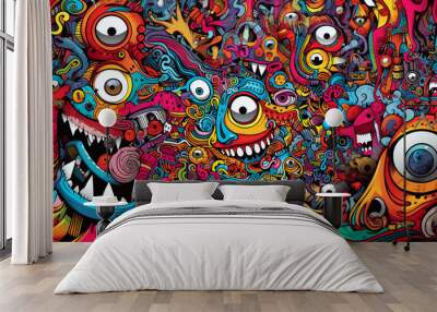 Densely packed colorful monsters in detailed illustration Wall mural