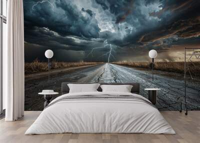 Dramatic stormy sky over wet road leading to horizon with lightning Wall mural