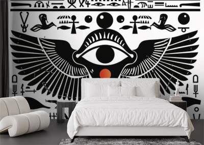 Egyptian eye symbol with wings and hieroglyphs in black and white Wall mural