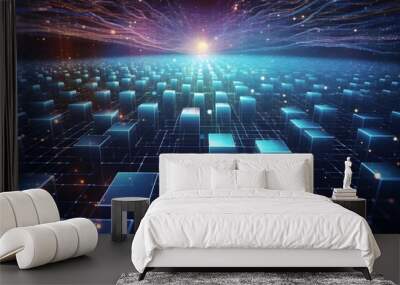 futuristic electonic network blockchain wallpaper with connecting communication digital data elements in background texture Wall mural