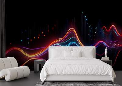 Glowing neon waves flow with a dark background Wall mural