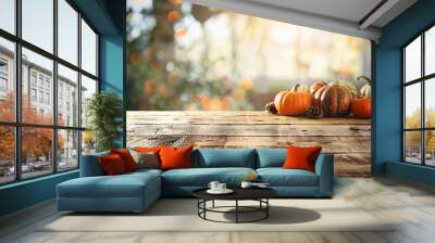 Pumpkins and gourds on a wooden table with a sunlit background, highlighting the beauty and warmth of the autumn season Wall mural