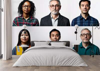 Six diverse people dressed in casual and work attire standing side by side against a plain white background with neutral expressions
 Wall mural