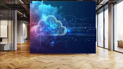 Stylized cloud symbol with digital connections on blue background Wall mural