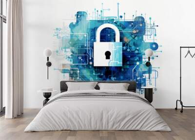 White lock icon with blue digital watercolor background Wall mural