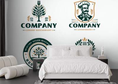 Set bundle vegan healthy green restaurant logo for food business company Wall mural