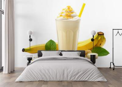 A glass of milk paired with ripe bananas on a white background Wall mural