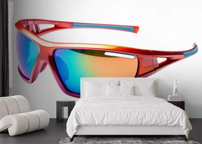 A pair of sunglasses with a red frame and blue mirror lens reflecting the sky Wall mural