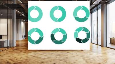 Set of pie chart diagrams. Circles cut separated on1,2,3, 4,5, 6, with empty middle,simple flat design vector illustration. Wall mural