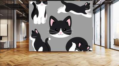 Set of simple and adorable black and white cat illustrations flat colored Wall mural