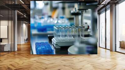 A laboratory setting featuring glass vials and blue containers, emphasizing scientific equipment and research. Wall mural