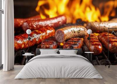 A selection of sausages on a grill, including bratwurst and chorizo, with a background of sizzling flames Wall mural