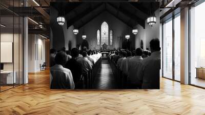 A serene, black-and-white image of a congregation in a church, with attendees in white shirts, focusing on a speaker at the altar under beautiful stained glass. Wall mural