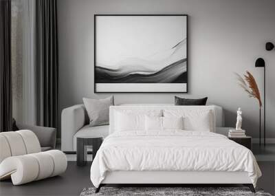 A sleek, minimalist frame with a thin black border, displaying a monochrome art print in a contemporary living space Wall mural