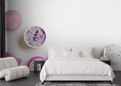 fragrant and healthy spa products with essential oil, bath bombs and sea salt on white background. a Wall mural