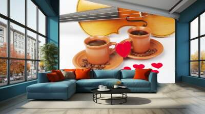 Two cups of coffee held together by a red heart and a violin. Valentine's Day Wall mural