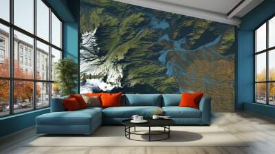 Aerial of mountain landscape with snow and river. Digitally generated image. Wall mural