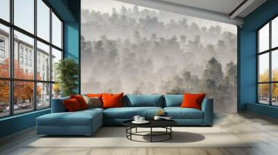 Aerial of pine forest in mist. Wall mural