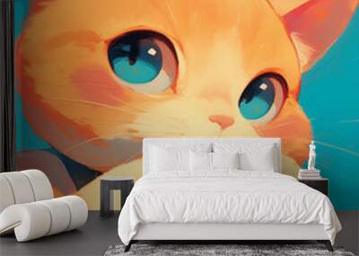 Cute young red white cat with blue eyes on chair. Creative artistic illustration. Wall mural