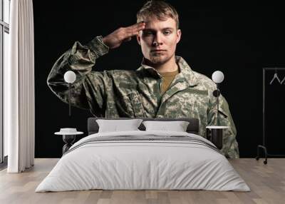 Military young man salutes. Studio portrait. Wall mural