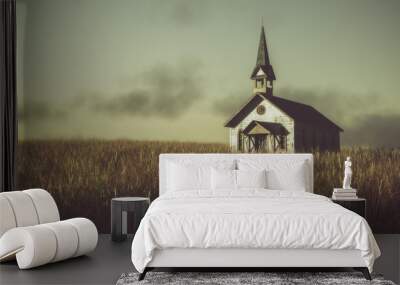 old abandoned white wooden chapel on prairie at sunset with clou Wall mural