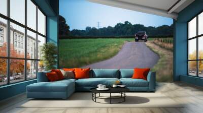 Pickup truck driving on country road in evening. Wall mural