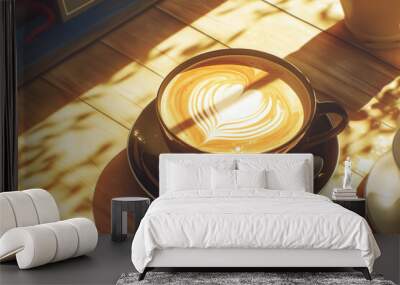 A Cup of Coffee with Intricate Latte Art Placed on a Table, Captured in Photorealistic Still Life Style with Villagecore and Cabincore Aesthetics, UHD Image Featuring Detailed Installation-Based Desig Wall mural