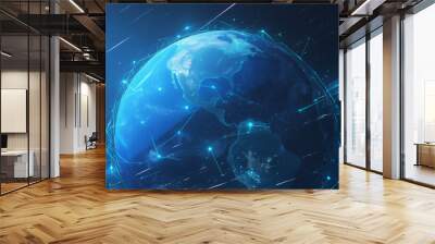 Abstract digital planet Earth representing global connectivity with glowing dots and lines, featuring blue frosted glass and white acrylic materials, emphasizing technological transparency and high de Wall mural