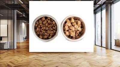 dry and wet pet food in bowls comparison, canned food and dry feed for dogs and cats isolated on white background Wall mural