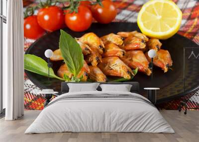 King prawns with lemon and cherry tomatoes Wall mural