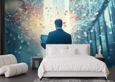 A business professional stands amidst a vibrant explosion of creativity and innovation in a futuristic urban setting. Wall mural