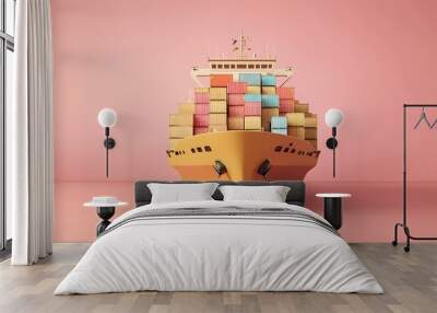 A colorful paper ship filled with vibrant cargo boxes against a pink background, representing creativity and shipping concepts. Wall mural