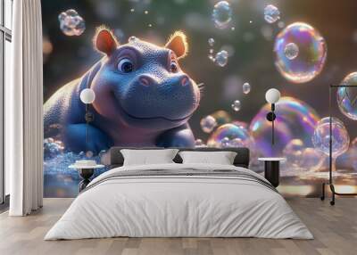 A cute animated hippo in water surrounded by colorful bubbles. Perfect for children's content or playful themes. Wall mural