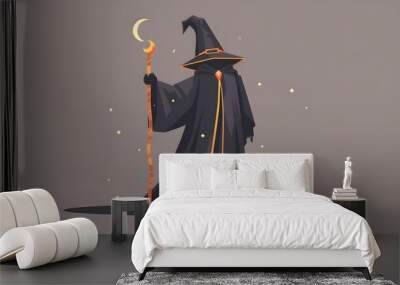 A mystical wizard in a dark robe, with a crescent moon staff, exuding an aura of magic and mystery against a neutral background. Wall mural