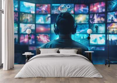 A person wearing headphones is watching multiple screens displaying colorful and dynamic content in a dimly lit room. Wall mural