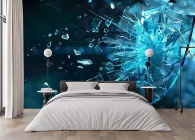 A stunning close-up of shattered glass, radiating in a beautiful blue light, capturing the moment of impact with artistic flair. Wall mural