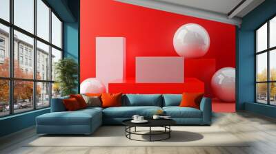 A vibrant composition of geometric shapes in red and white, ideal for modern design and artistic presentations. Wall mural