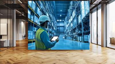 A warehouse worker using a tablet to manage inventory, showcasing modern technology in logistics and efficient storage solutions. Wall mural