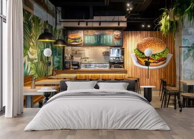 Bright and modern burger restaurant interior with green accents, featuring a vibrant mural and cozy seating arrangements. Wall mural