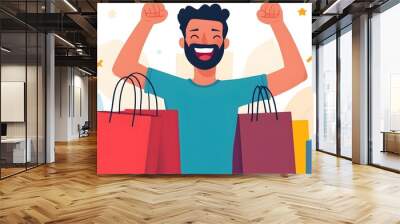 Cheerful man celebrating a successful shopping trip with colorful bags. Perfect for retail and lifestyle themes. Wall mural