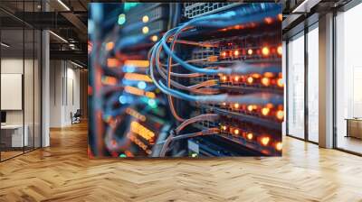 Close-up of network server with glowing lights and cables, showcasing modern technology and data connectivity in a data center. Wall mural