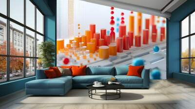 Colorful data visualization with bar graphs and dots representing statistics and trends in a modern digital design. Wall mural