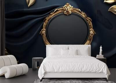 Elegant vintage mirror with ornate gold frame on a dark blue velvet background, perfect for luxury decor and sophisticated design. Wall mural