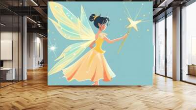 Enchanting fairy character wielding a star wand, surrounded by sparkling magic effects, perfect for whimsical designs and illustrations. Wall mural