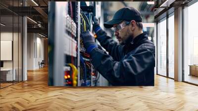 Focused technician working on electrical equipment in a modern control room, ensuring optimal performance and safety practices. Wall mural